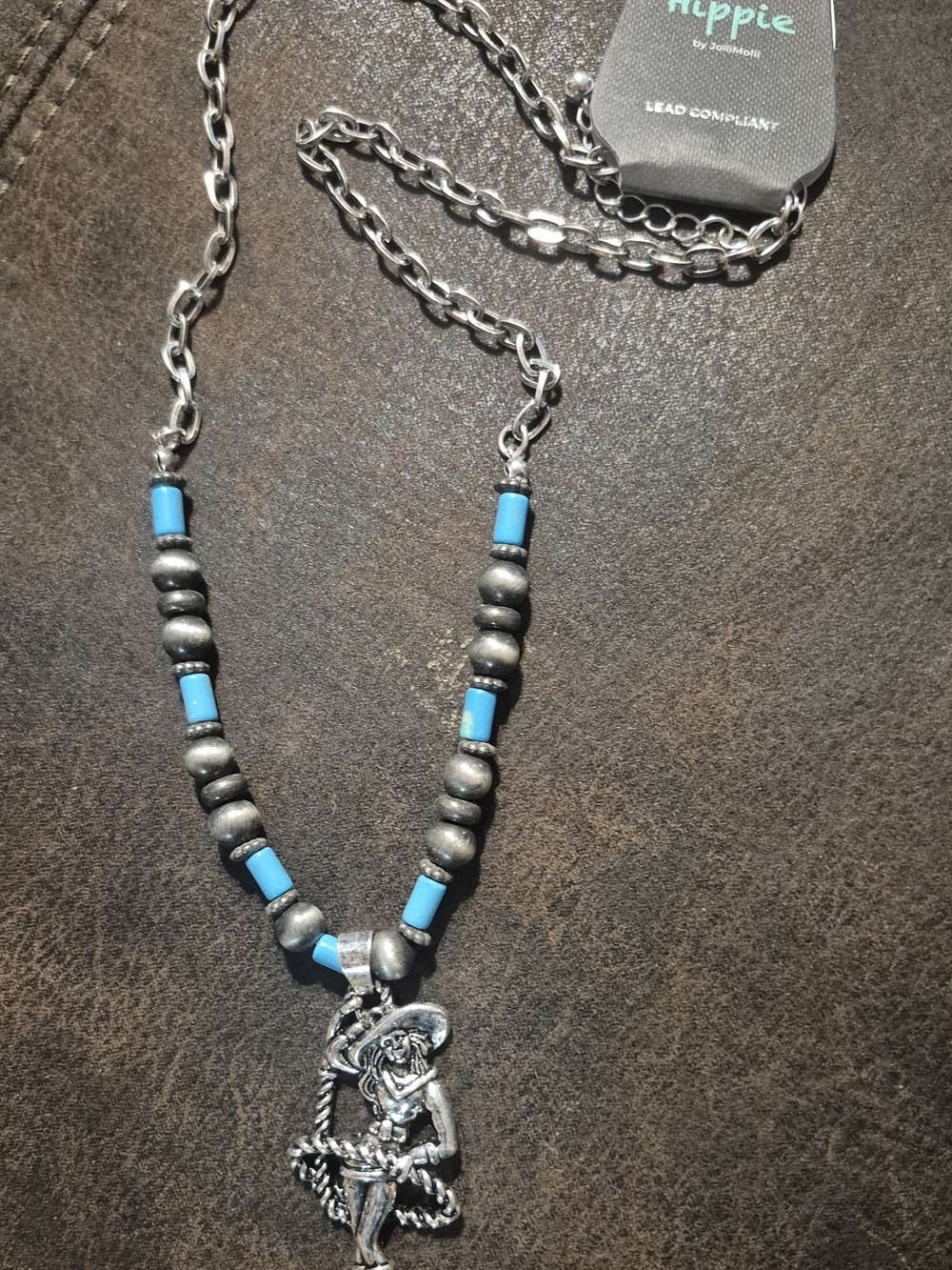 Turquoise Bead Silver-Tone Cowgirl Pendant Necklace by Hippie